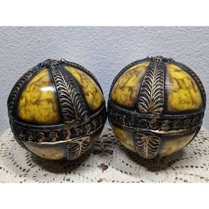 Set of 2 Home Decor Carpet Ball 5" Resin Sphere Orb Gold Marble w/ Raised Leaf
